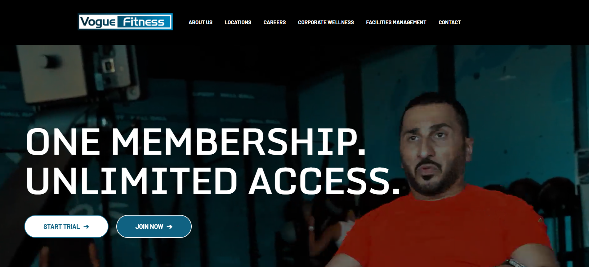 Vogue Fitness website design - main interface showcasing fitness services and corporate wellness programs